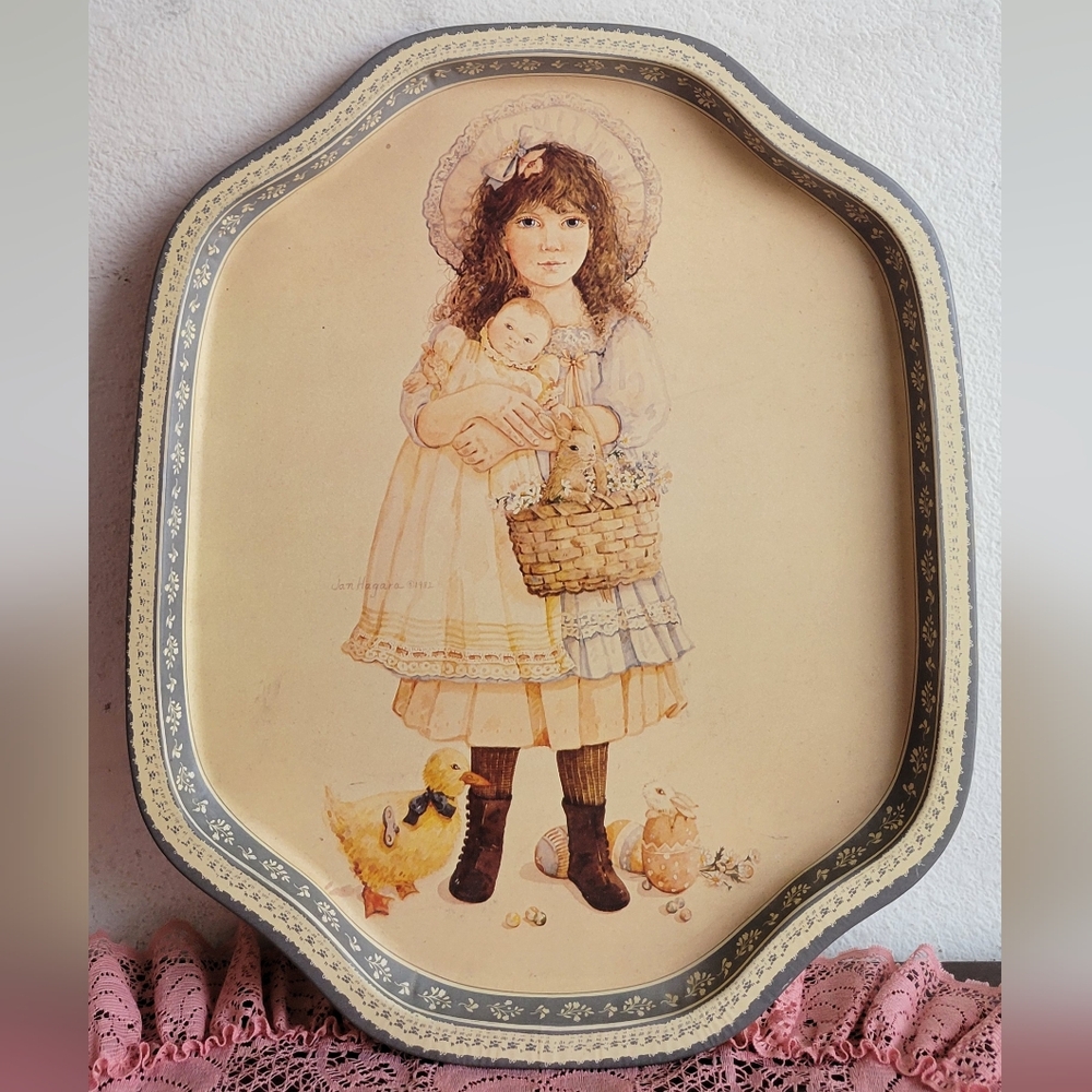 Vintage Style Girl Illustration Decorative Tray - Cream and Blue